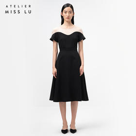 【云雾间】米白流线拼纱造型袖A字气质连衣裙/0000754