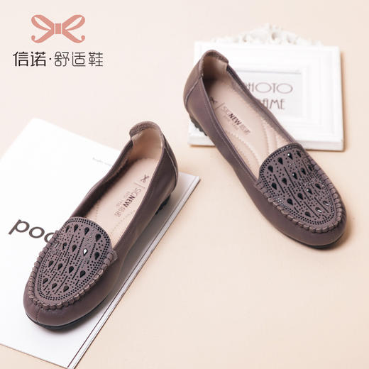信诺真皮妈妈鞋子2021新款春秋软底单鞋女豆豆中老年平底浅口皮鞋21Q2287-17 商品图3