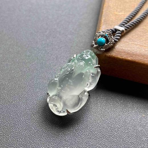 玻璃种飘阳绿翡翠貔貅18k白金钻石绿松石镶嵌 商品图0