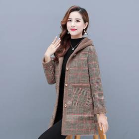 MQ-MZX296秋冬新款中长款韩版连帽款千鸟格大衣一件