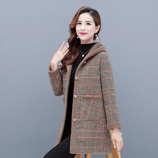 MQ-MZX296秋冬新款中长款韩版连帽款千鸟格大衣一件 商品图0
