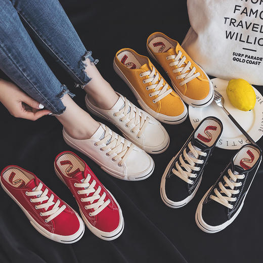 春夏新款学生帆布鞋女时尚系带板鞋开口小白鞋凉鞋半拖托子透气子 商品图3