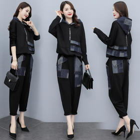 时尚气质减龄个性拼接连帽休闲舒适两件套 HR-YZC838-1