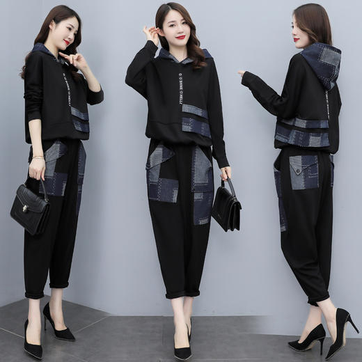 时尚气质减龄个性拼接连帽休闲舒适两件套 HR-YZC838-1 商品图0