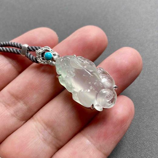 玻璃种飘阳绿翡翠貔貅18k白金钻石绿松石镶嵌 商品图8