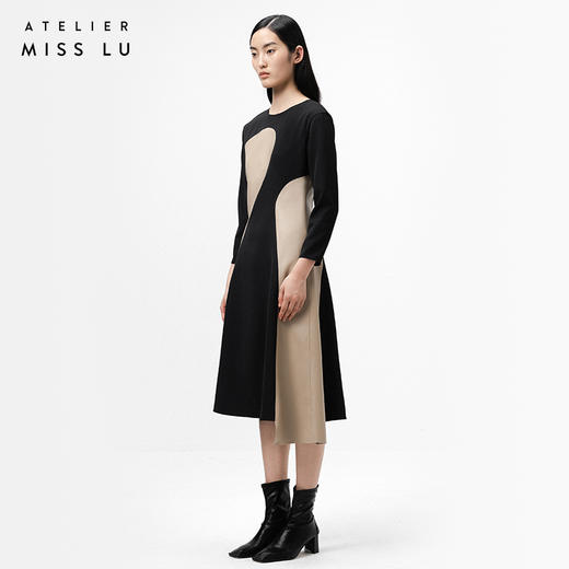 【乌木砂砾】砂岩驼趣味曲块撞色拼皮收腰连衣裙/0000731A 商品图1