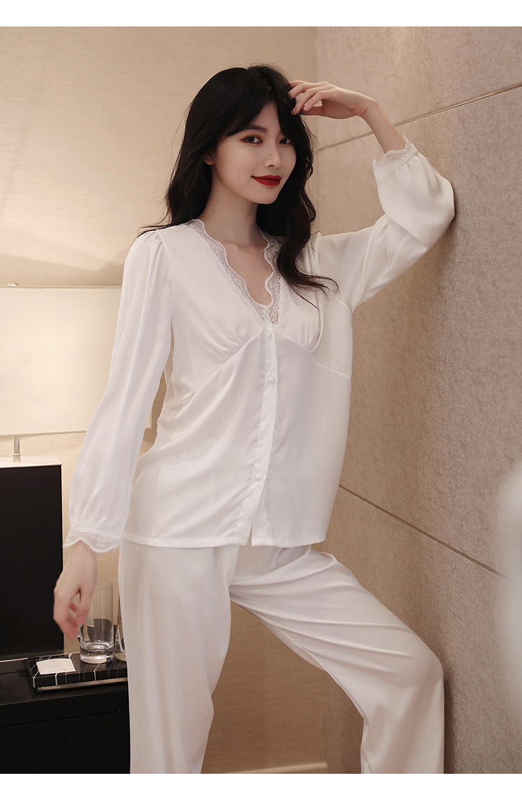 2021秋新款睡衣冰丝缎面雪纺开扣蕾丝花边甜美简约家居服套装qysy