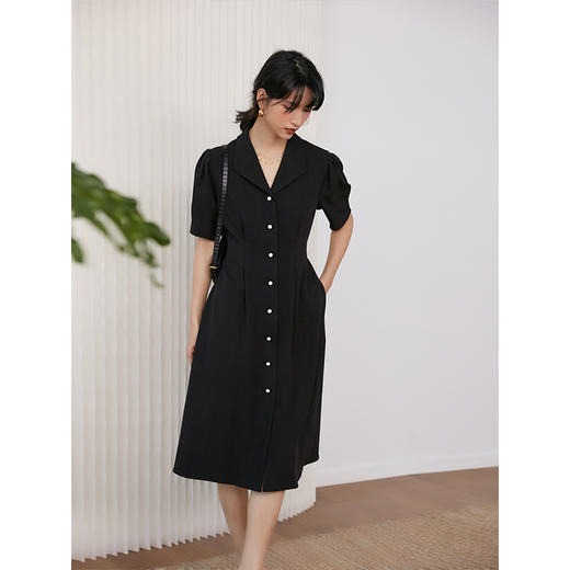 HeyDress法式黑色V领连衣裙女春夏装纯色系修身赫本风小黑裙收腰显瘦裙子 商品图2