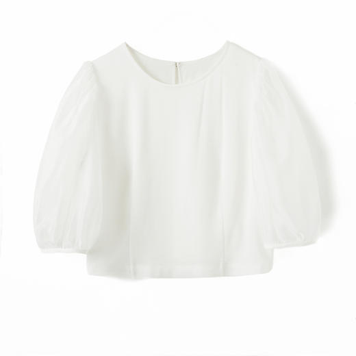 HeyDress进口醋酸上衣女欧根纱网纱灯笼袖设计感小衫白色薄款气质衬衫 商品图4