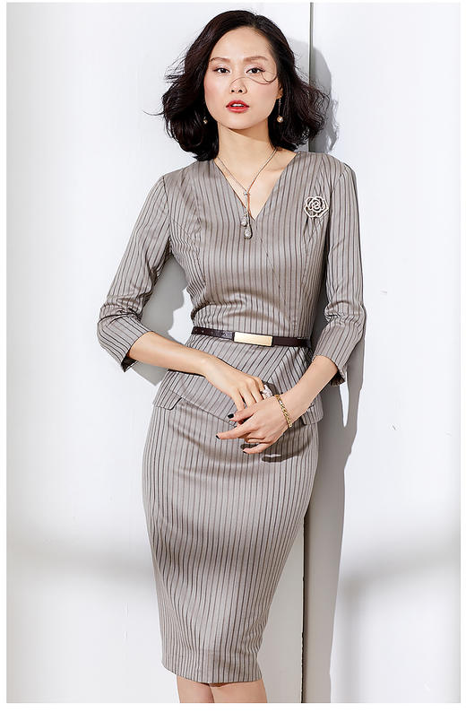 “卡布奇诺“颈袖添香-连衣裙-J8181916E颈袖添香季气质OL职场装收腰条纹连衣裙女九分袖包臀裙J8181916E 商品图5