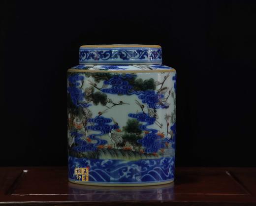 余志强：青花斗彩百鹤图茶叶罐 商品图1