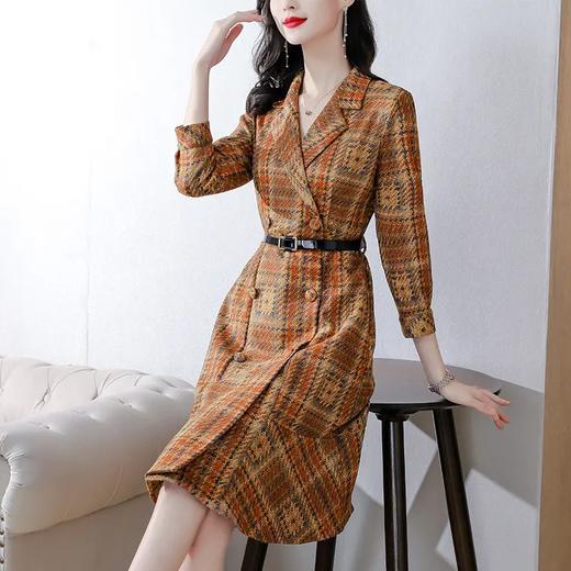 XY-AS8728 2021秋季新款女装收腰格子印花九分袖荷叶边裙气质鱼尾西装连衣裙 商品图0