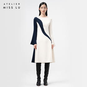 【晨流】不规则曲线拼接米白藏青撞色连衣裙/0000739