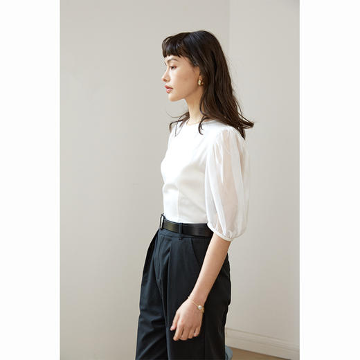 HeyDress进口醋酸上衣女欧根纱网纱灯笼袖设计感小衫白色薄款气质衬衫 商品图3