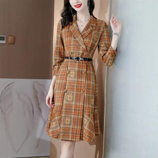XY-AS8728 2021秋季新款女装收腰格子印花九分袖荷叶边裙气质鱼尾西装连衣裙 商品图2