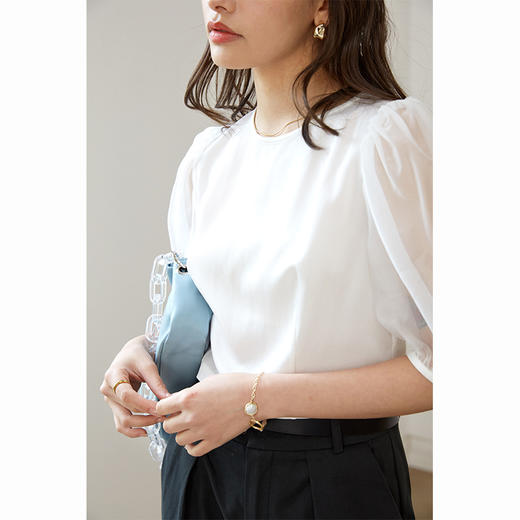 HeyDress进口醋酸上衣女欧根纱网纱灯笼袖设计感小衫白色薄款气质衬衫 商品图1