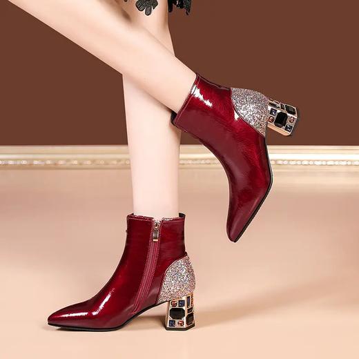 尖头水钻跟粗跟，拼接短筒时装靴PLGZ-D22-29 商品图1