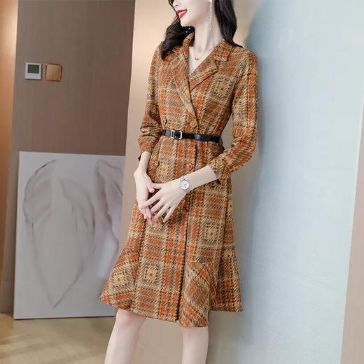 XY-AS8728 2021秋季新款女装收腰格子印花九分袖荷叶边裙气质鱼尾西装连衣裙 商品图3