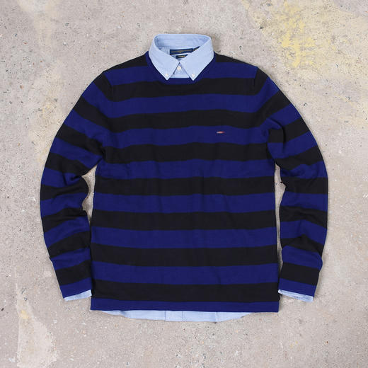 薄款 黑蓝横纹纯棉 胸前刺绣 圆领毛衣/针织衫 T-1090 商品图0