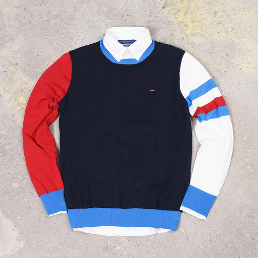 薄款 拼色棉质 胸前刺绣 圆领毛衣/针织衫 T-1083 商品图0