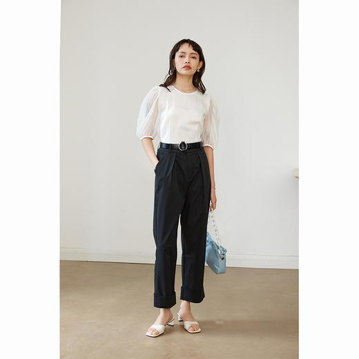 HeyDress进口醋酸上衣女欧根纱网纱灯笼袖设计感小衫白色薄款气质衬衫 商品图2