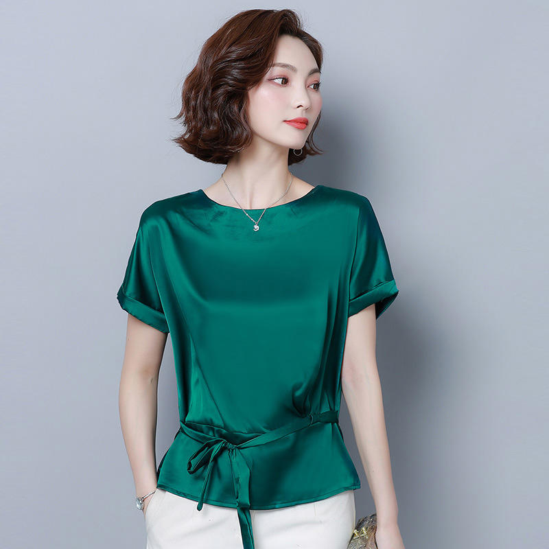 桑蚕丝上衣女2021夏季新款百搭时尚遮肚子t恤高档洋气真丝衬衣潮