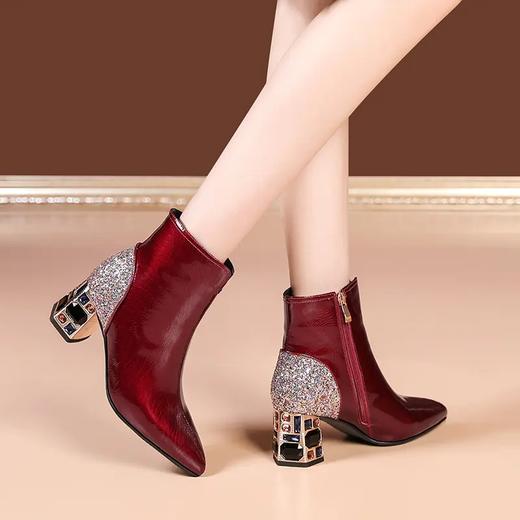 尖头水钻跟粗跟，拼接短筒时装靴PLGZ-D22-29 商品图2