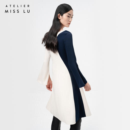 【晨流】不规则曲线拼接米白藏青撞色连衣裙/0000739 商品图3