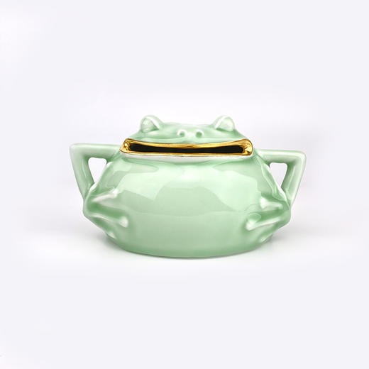 不仁斋薛继业陶瓷雕塑豆青釉本金口三足蟾钱罐扑满护财摆件 商品图0