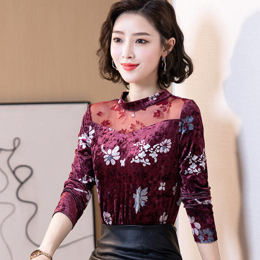 QB6607 时尚长袖金丝绒印花蕾丝打底衫女2021秋装新款胖MM时尚洋气上衣潮 商品图1