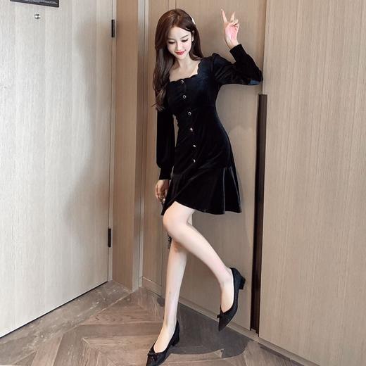 秋冬长袖2021新款女人味 A字裙收腰显瘦气质方领黑色金丝绒连衣裙七夕情人节 商品图2