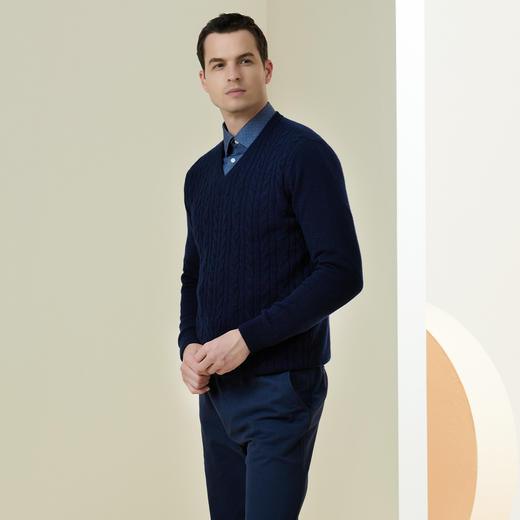 METTE羊绒世家2021年秋冬男士100%羊绒衫时尚V领夹花内搭保暖毛衣 商品图2