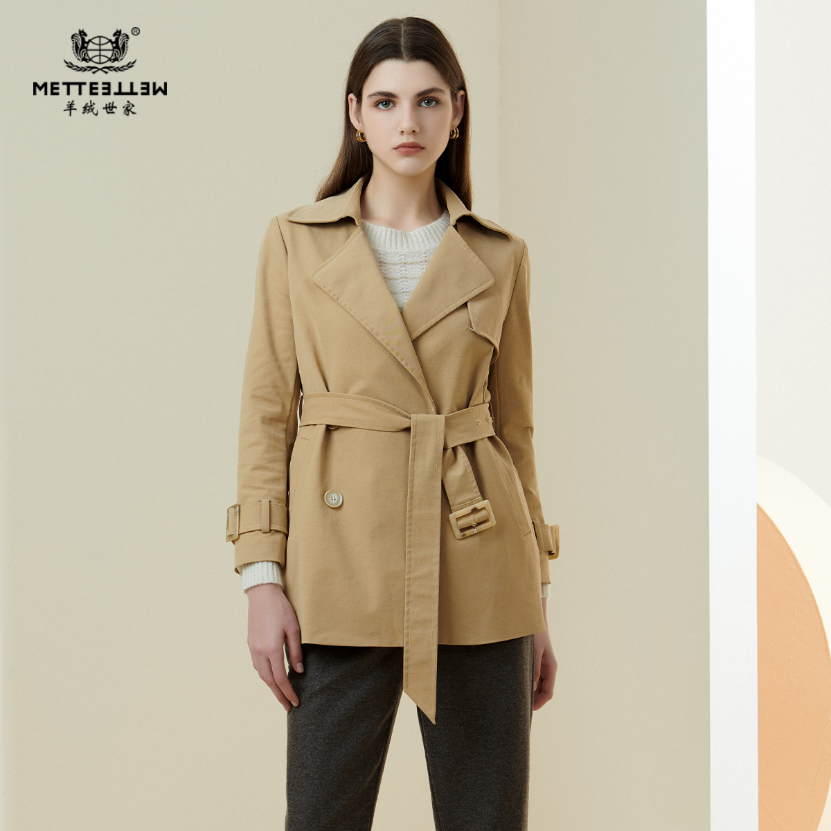 METTE2021年秋冬新品女士风衣外套短款时尚双排扣小个子收腰外套