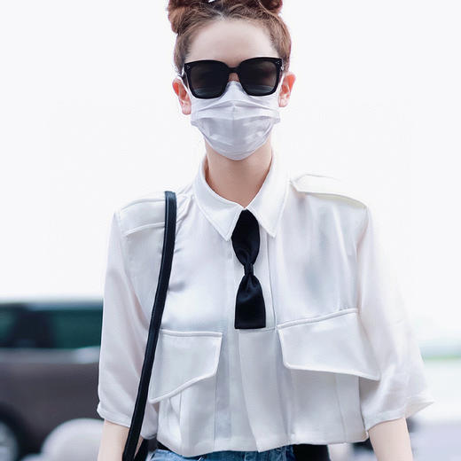 特价秒杀 Masion Wester戚薇张天爱同款蝴蝶结领结光泽感短衬衫.潮快闪 商品图0