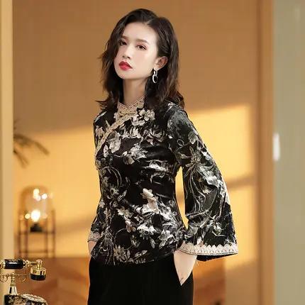 QF-190926 古风女装夏中式上衣女夏唐装女夏民国女装中国风金丝绒旗袍上衣 商品图2