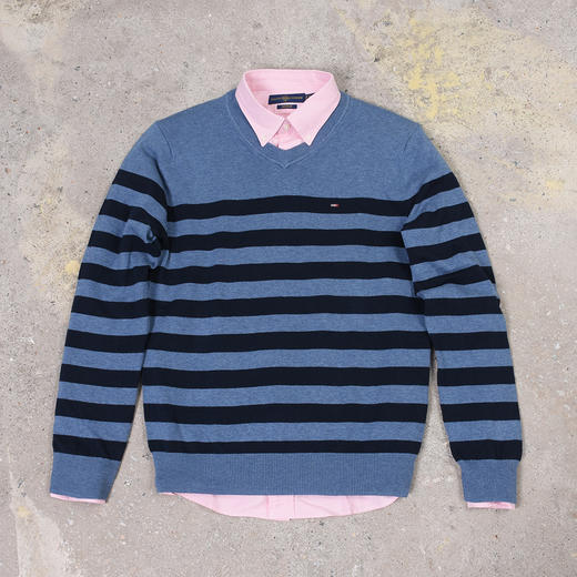 横纹拼色棉质 胸前刺绣 V领毛衣/针织衫 特惠 T-1066 商品图3