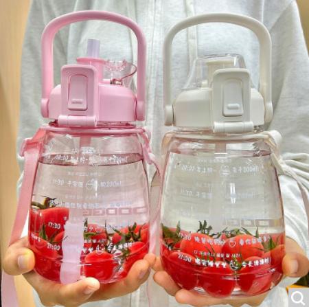 希乐 超大容量运动水杯男女带吸管成人健身水杯学生两用便携塑料杯随手茶杯大肚杯 1.2L绿色带背带 DS-532-G 商品图0