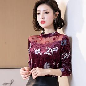 QB6607 时尚长袖金丝绒印花蕾丝打底衫女2021秋装新款胖MM时尚洋气上衣潮