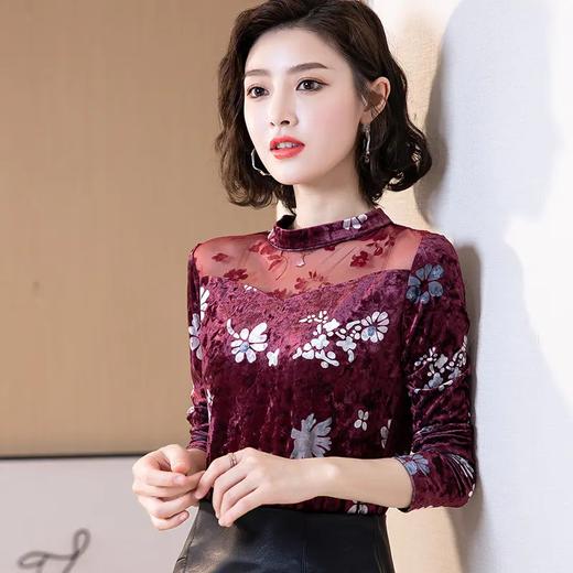 QB6607 时尚长袖金丝绒印花蕾丝打底衫女2021秋装新款胖MM时尚洋气上衣潮 商品图0