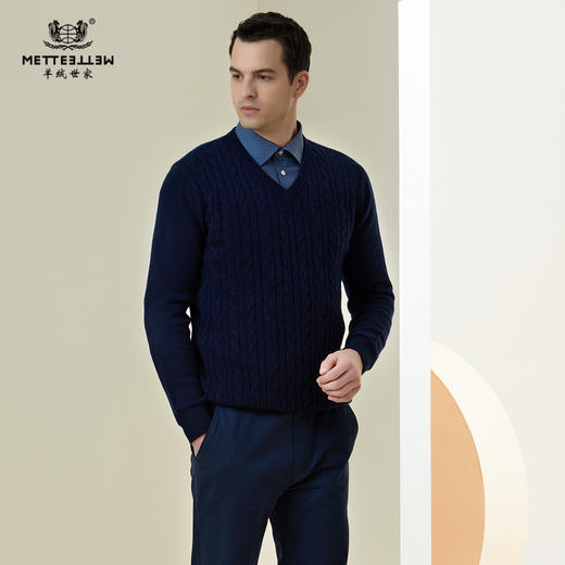 METTE羊绒世家2021年秋冬男士100%羊绒衫时尚V领夹花内搭保暖毛衣 商品图0