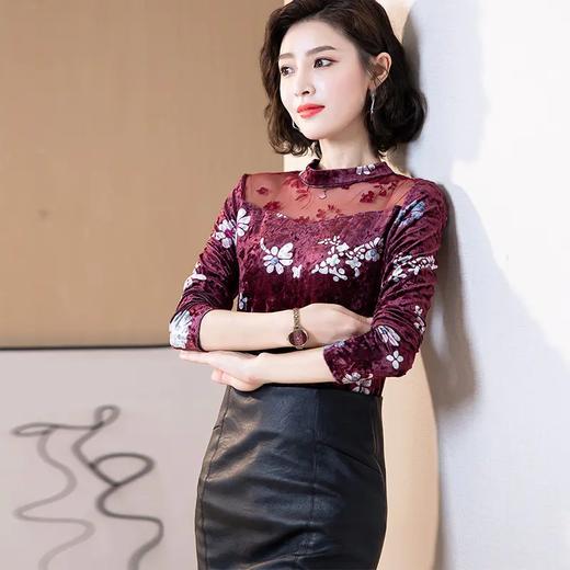 QB6607 时尚长袖金丝绒印花蕾丝打底衫女2021秋装新款胖MM时尚洋气上衣潮 商品图2