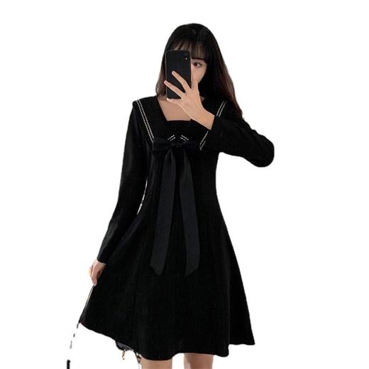 胖MM大码女装连衣裙秋装遮肚显瘦长袖连衣裙子仙女收腰减龄小黑裙七夕情人节 商品图4