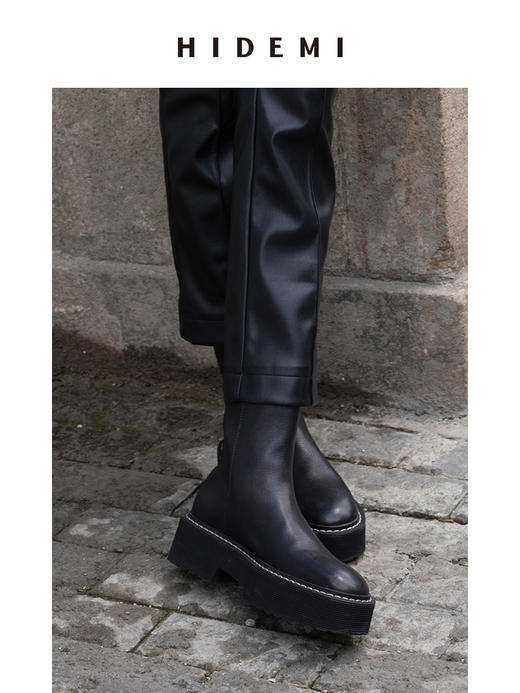 HIDEMI简约加厚增高底女鞋牛皮擦色短靴 黑色牛皮/棕色牛皮/墨绿色麂皮 商品图2