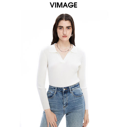 VIMAGE纬漫纪秋季新款款时尚百搭纯色V领针织衫女上衣套头V1601214 商品图2