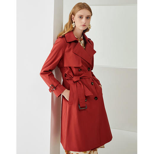 EITIE爱特爱新款经典翻领时尚双排扣收腰红色中长风衣外套C2104812 商品图9