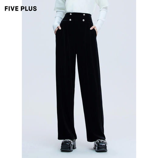 FIVE PLUS2021新款女秋装复古丝绒阔腿裤女宽松直筒裤休闲长裤子2NN3064510 商品图4