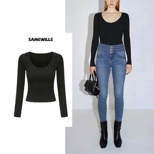 【授权商品】samewills法式优雅棉套头长袖纯色U领内搭T恤打底衫【215136】 商品图0