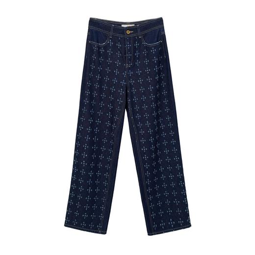 谜底直筒牛仔裤2021秋季新款镭射十字洞高腰宽松长裤213MK1681 商品图4