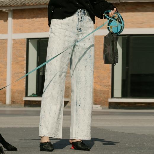 谜底直筒牛仔裤2021秋季新款镭射十字洞高腰宽松长裤213MK1681 商品图0