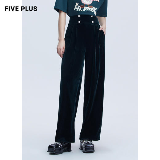 FIVE PLUS2021新款女秋装复古丝绒阔腿裤女宽松直筒裤休闲长裤子2NN3064510 商品图1